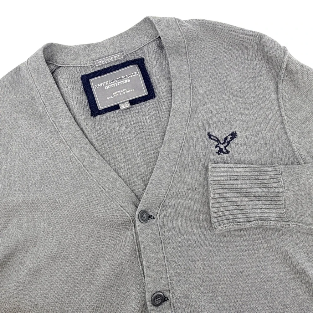 American Eagle Cardigan Mens XL Gray Wool Blend Elbow Patch V-Neck Button Up